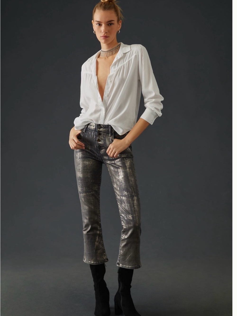 Fidelity Metallic Black & Silver Cropped Button-Front Jeans